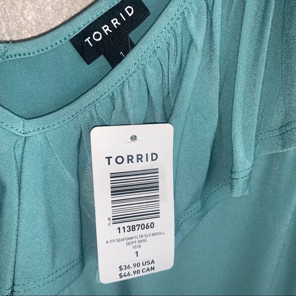 NWT Torrid size 1 Kitty Seafoam Green Flutter Sleeve Babydoll Ruffle Top - Picture 7 of 8